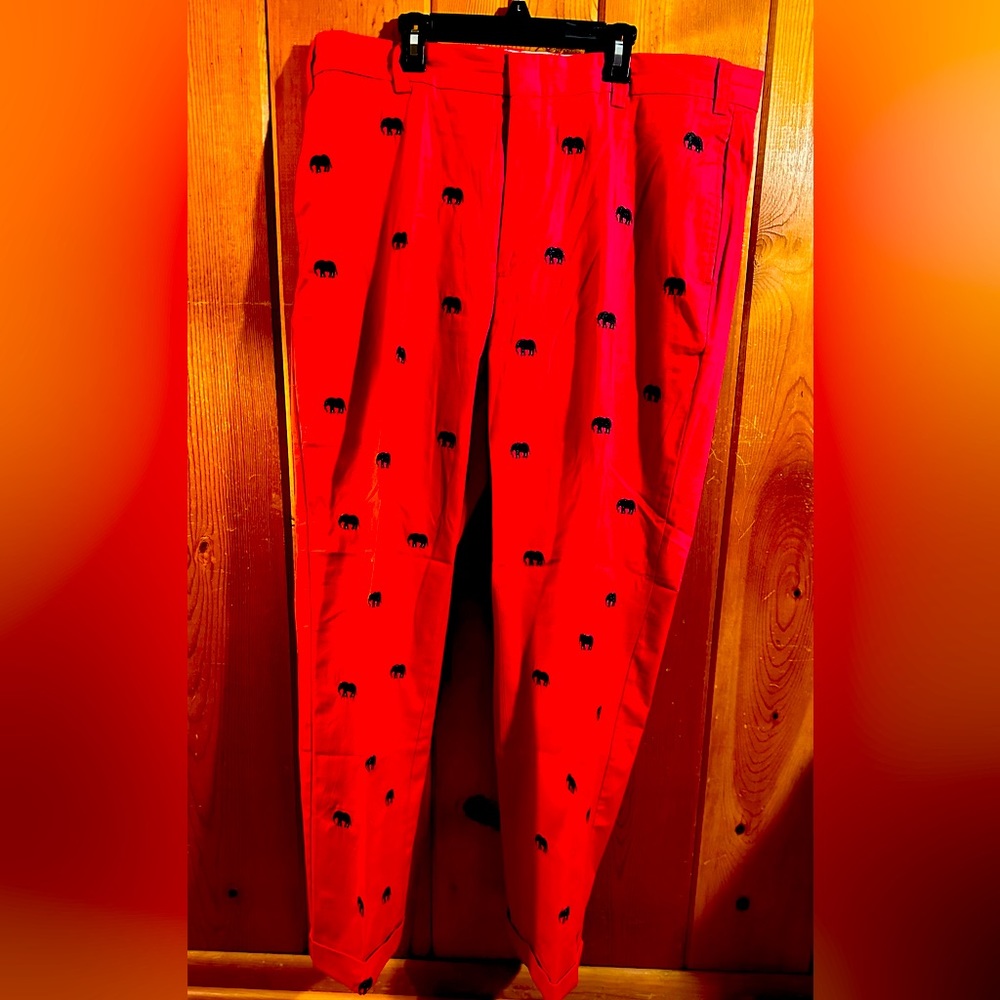 Red Orvis Pants with Blue Embroidered Elephants .